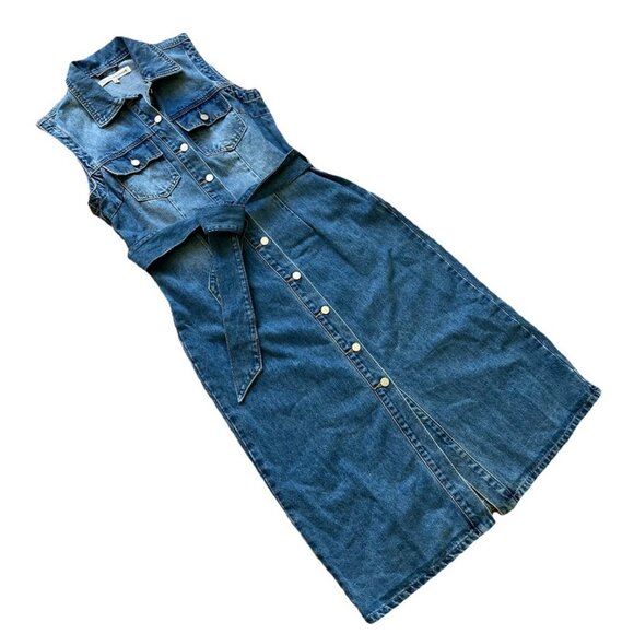 Standard Grace Denim Maxi Dress Button Front Sleeveless with Belt - Picture 1 of 6